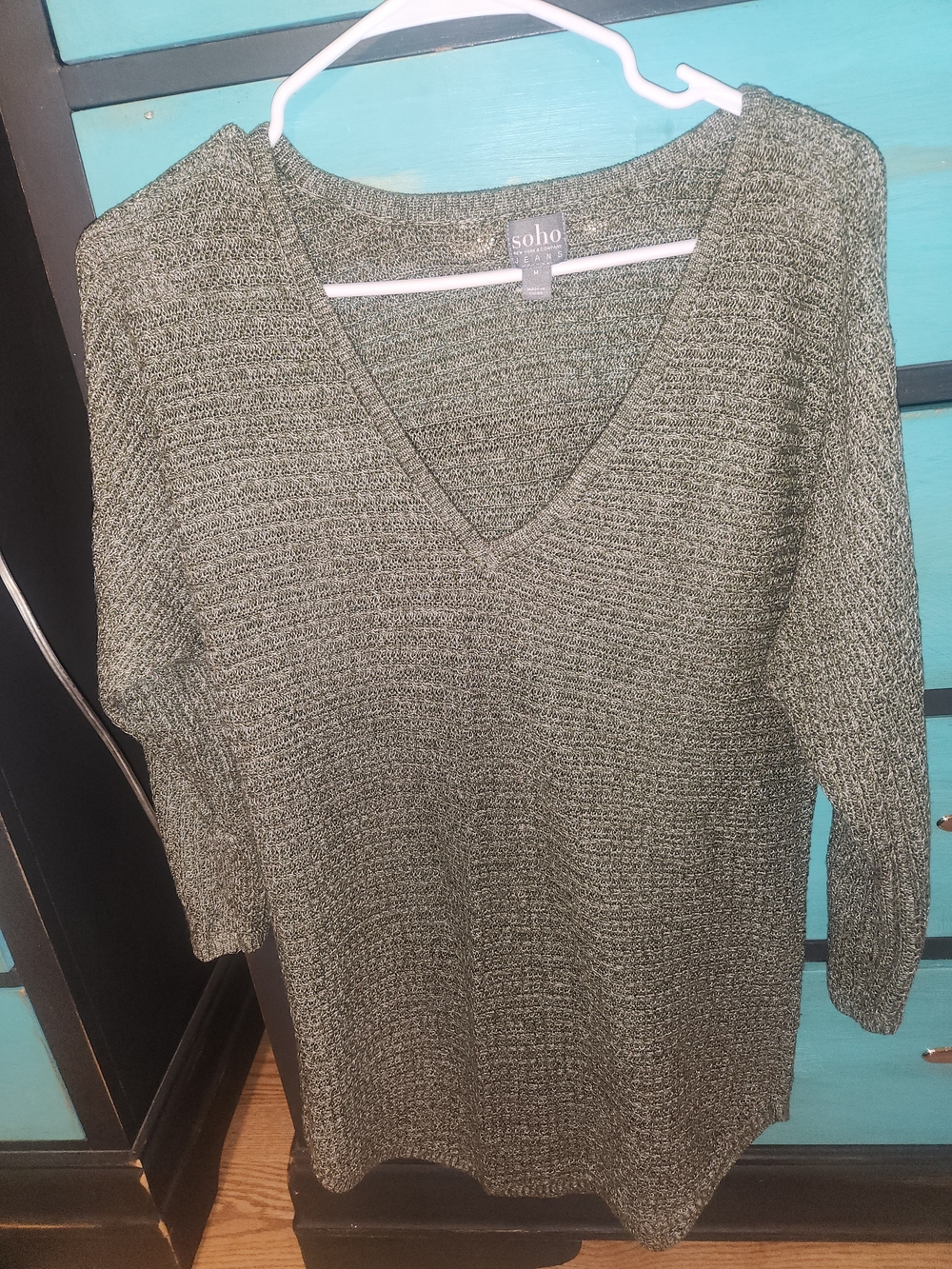 New York & Company Olive Green V-Neck Knit Sweater